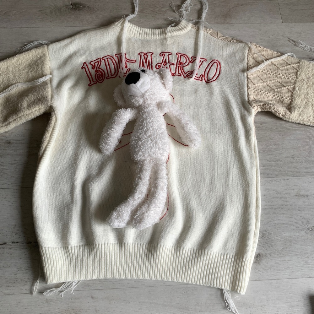 13DE MARZO Paris Patchwork Teddy Bear Deconstructed Sweater Cream Beige Womens